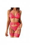 Ensemble de lingerie sexy en maille transparente pour femme - Taille haute - Soutien-gorge et culotte - 2 pièces, rose vif, S