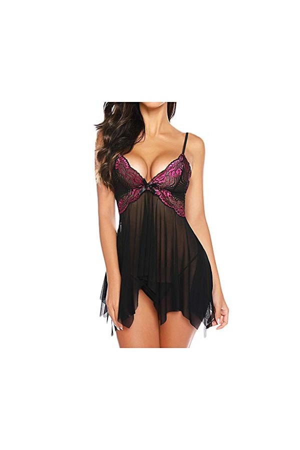 Ensemble de lingerie sexy pour femme avec jupe et col en V, rouge, XXXL