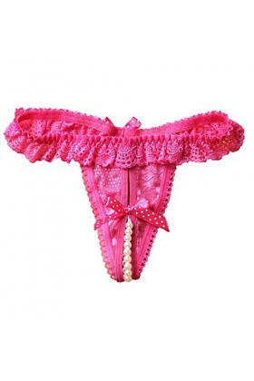 Jiabing Femmes Sexy Culotte Perle Dentelle Strings Brassière Maintien Renforcé Hot Pink, One Size 