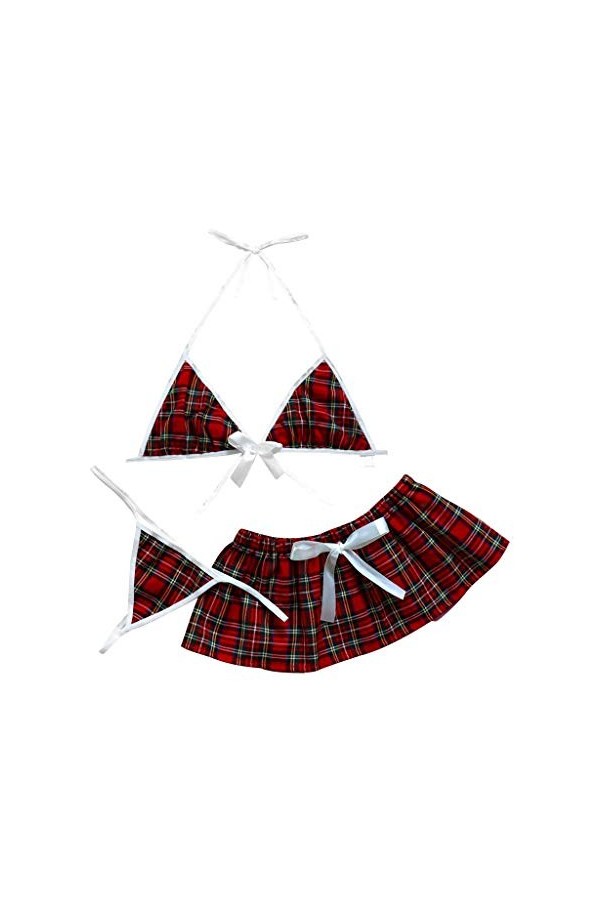 DOGZI Femmes Lingerie Sexy Ensemble Écolière Costume Cosplay Étudiant Plaid Uniforme avec Mini Tartan Jupe