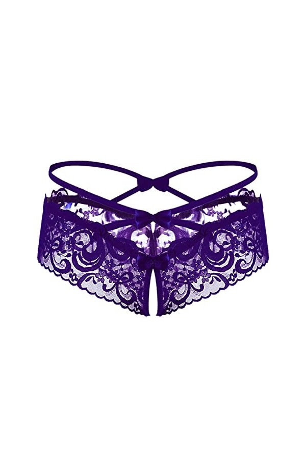 Jiabing sous-vêtements Slips Pantalon Appel Ouvert Dentelle Femmes T Lingerie Sexy Bow Entrejambe Body Dentelle Purple, One 