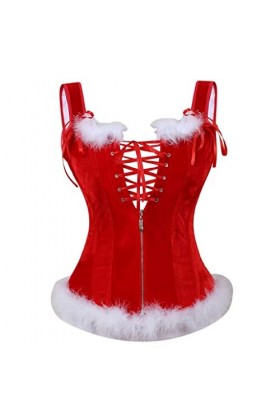 TaLcuS Bretelles Fermeture Éclair Corset Bustier Lingerie Top Plume Blanche Burlesque Corset À Lacets Noël Père Noël Costume 