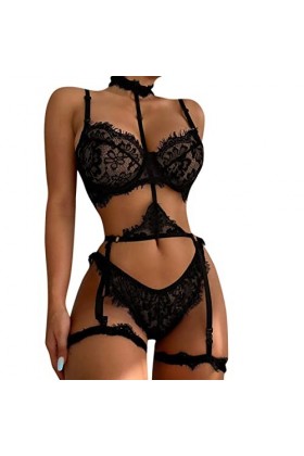 Ensemble de lingerie sexy en dentelle avec anneau en acier pour femme, Noir , S