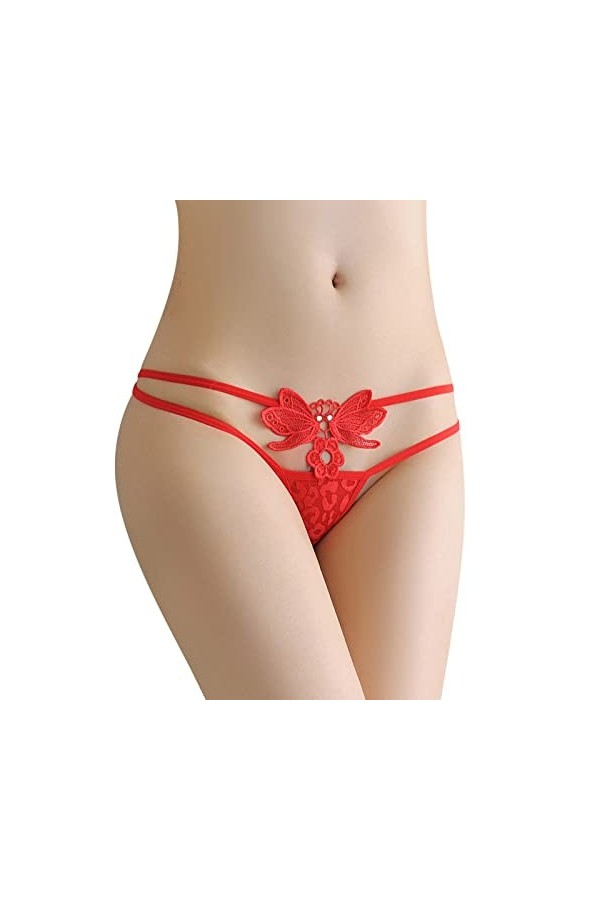 Culotte sexy pour femme - String taille basse - Dentelle creuse - Sous-vêtements exotiques pour femme, Rouge, taille unique