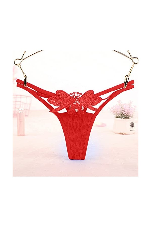 Culotte sexy pour femme - String taille basse - Dentelle creuse - Sous-vêtements exotiques pour femme, Rouge, taille unique