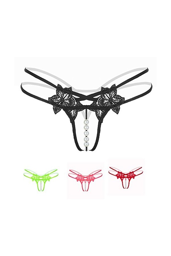 String pour femme - Culotte basse - Pendentif en V - Perles - Sous-vêtements sexy - Ensemble de lingerie sexy, Rouge, taille 