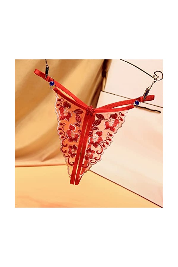 Jiabing Culotte brodée pour Femme Ceinture en Sexy Noeud réglable Culotte String Ouverte Entrejambe Sexy Menstruelle M Red, 