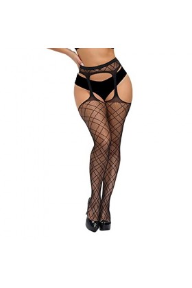 BIISDOST Bas noirs pour femme avec ceinture - Collants en résille - Lingerie sexy - Imprimé floral - Long bas en dentelle rés