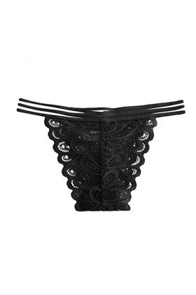Culotte string sexy en dentelle pour femme avec dos en T et entrejambe ultra fin Transparent, Noir , L
