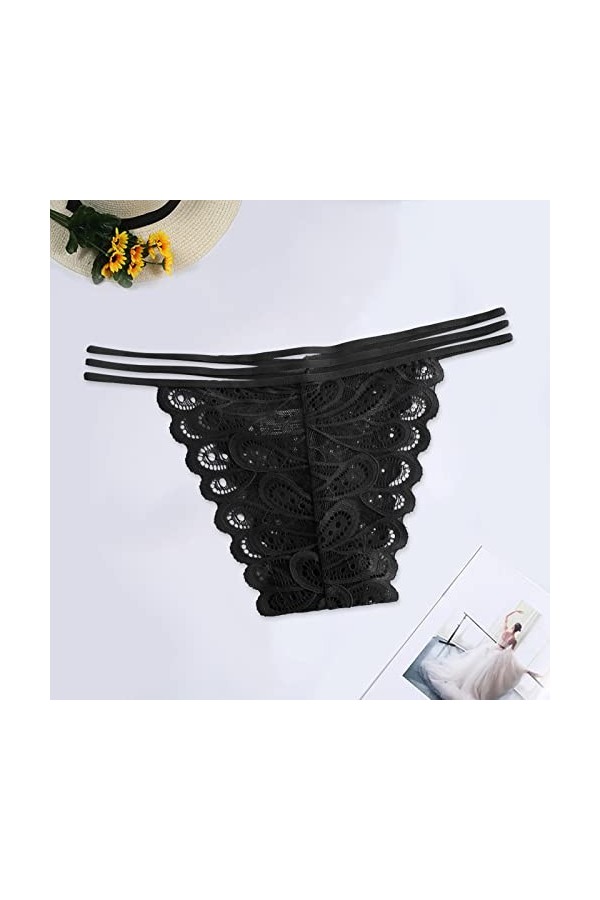 Culotte string sexy en dentelle pour femme avec dos en T et entrejambe ultra fin Transparent, Noir , L