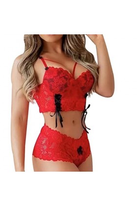 Y23K Robe sexy en dentelle pour femme 2 pièces, Rouge, XL