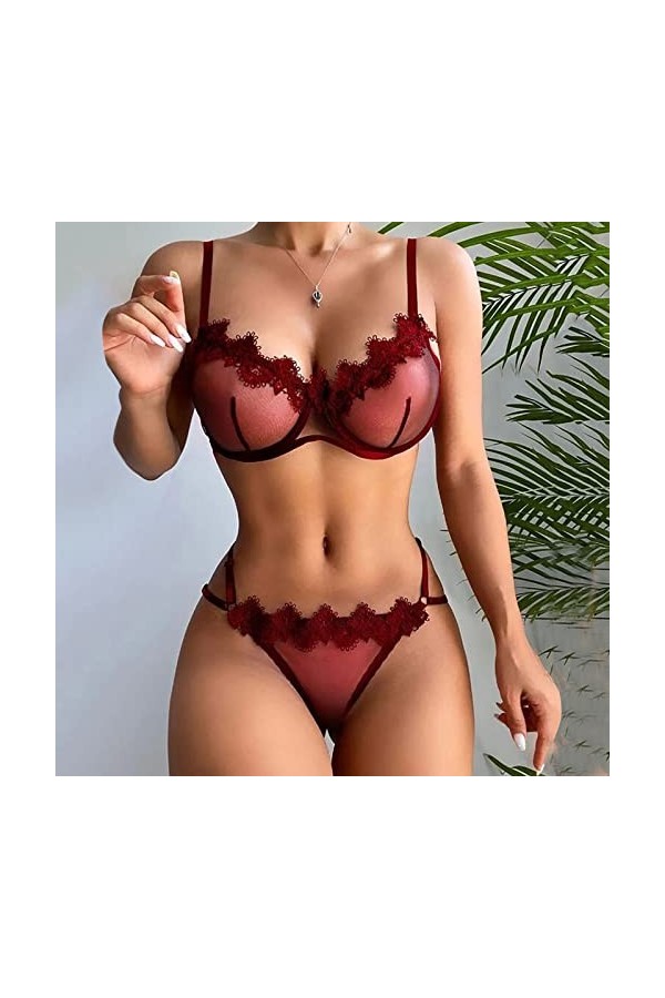 Sexy Lingerie Femmes Chemise de Nuit Corset Haut Bretelles Soutien-Gorge Nuisette Dentelle sous-vêtements en Dentelle Culotte