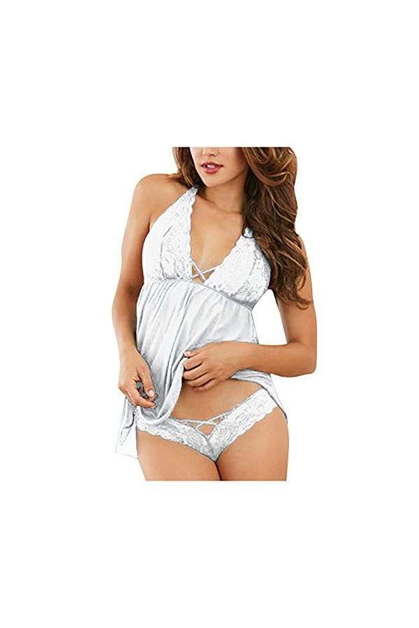 lbert Lingerie sexy pour femme - Ensemble de vêtements de nuit doux - Robe de nuit dos nu en dentelle - Nuisette avec string 