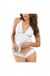 lbert Lingerie sexy pour femme - Ensemble de vêtements de nuit doux - Robe de nuit dos nu en dentelle - Nuisette avec string 