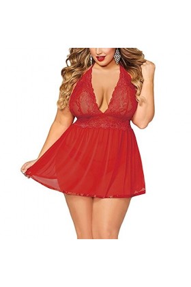 Yidartono Lingerie Sexy Femme Coquine Robe à Bretelles Sexy en Dentelle Grande Taille Lingerie Sexy G-String Rouge,2XL 