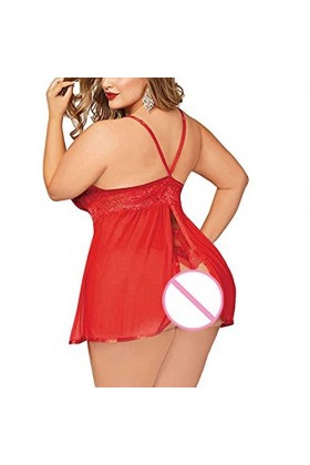 Yidartono Lingerie Sexy Femme Coquine Robe à Bretelles Sexy en Dentelle Grande Taille Lingerie Sexy G-String Rouge,2XL 