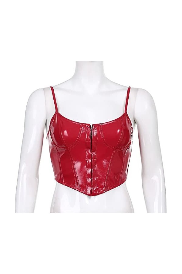 TaLcuS Corset pour femme Sexy en cuir noir Bustier Crop Top Fashion Lady sans manches Strap Camis Clubwear Color : Rosso, Si