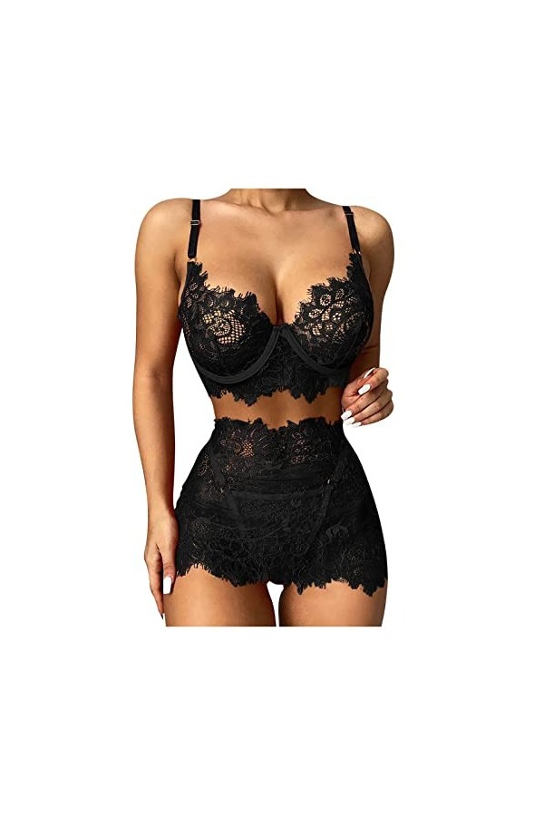 Y23-K Style 2023 - Ensemble de lingerie sexy 3 pièces en dentelle noire pour femme avec soutien-gorge sans fil, string et min