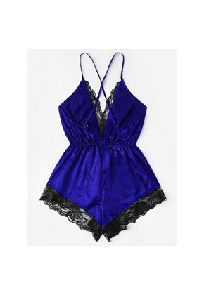 LUKALI Combinaison Sexy Femme Satin Grande Taille Deep V Licou Pas Cher Tentation Transparent DéColleté Nightwear Ensemble Bl