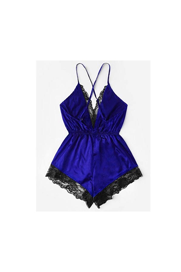 LUKALI Combinaison Sexy Femme Satin Grande Taille Deep V Licou Pas Cher Tentation Transparent DéColleté Nightwear Ensemble Bl