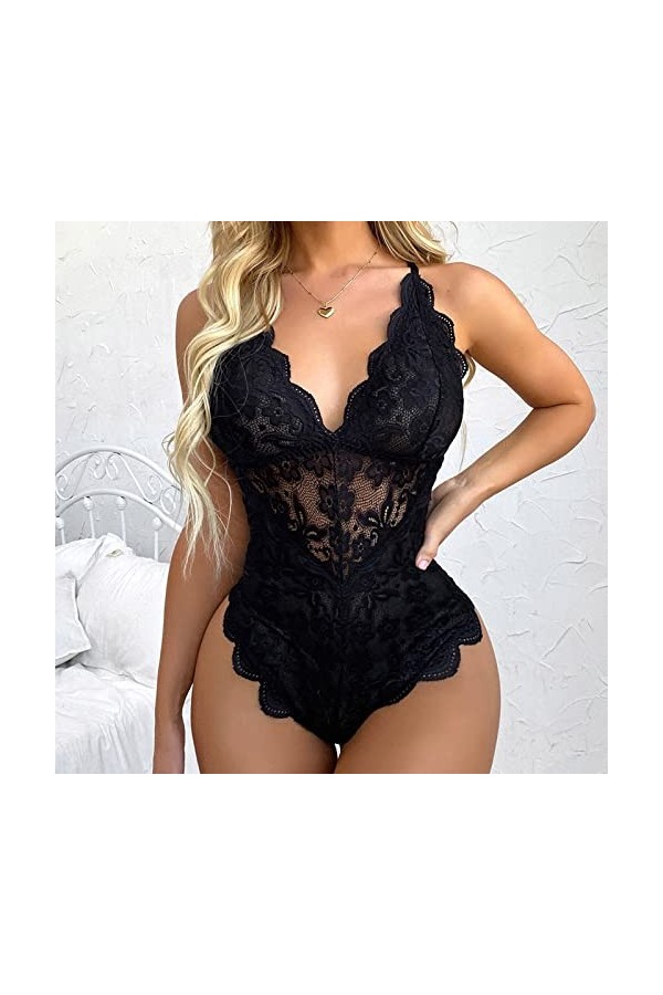 Hasagimol Lingerie Sexy Femme Coquine Hot Ouverte Une pièce Deep V Dos Nu Réglable Teddy sous-VêTement Ouvert Entrejambe Dent