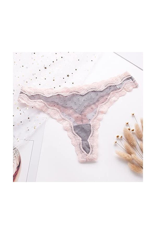 String sexy en dentelle avec empiècements en maille transparente de couleur contrastée et bords ondulés - Grande taille, gris