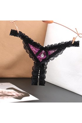 Culotte Sexy Dentelle Ouvert Entrejambe Basse sous-Vêtements Femme Culotte Culotte Taille Intime Body String Coton Purple, O