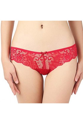 CaloryWee Culotte sexy en dentelle Motif floral Taille basse - Rouge - 38