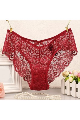 Jiabing Femmes Sexy Culotte Dentelle Découpe Taille Creuse Bustier Dentelle Sexy Transparent Red, L 