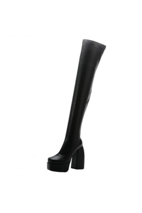 WOkismD 12.5CM / 4.92IN Carré Toe Semelle Épaisse Sur-Le-Genou Bottes Élastique Côté Zipper Épais Talon Grande Taille Catwalk