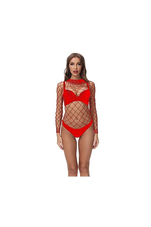 LIBELLEFLY Body sexy à manches longues en maille pour femme, Rouge, taille unique