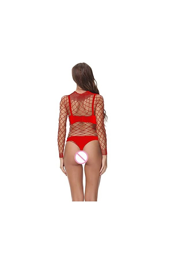 LIBELLEFLY Body sexy à manches longues en maille pour femme, Rouge, taille unique