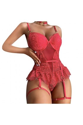 Lingerie sexy en dentelle pour femme - Grande taille, Rouge, L