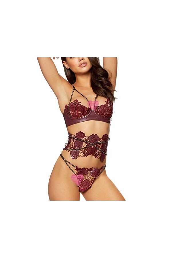Pitashe Lingerie Femme Sexy Erotique Femme Coquine Ouverte, Cuir Dentelle Nuisette et String Sets 3PCS Couchage Ouverte Dente
