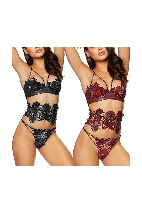 Pitashe Lingerie Femme Sexy Erotique Femme Coquine Ouverte, Cuir Dentelle Nuisette et String Sets 3PCS Couchage Ouverte Dente