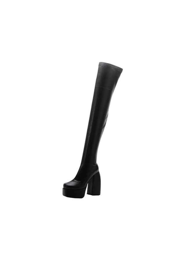 WOkismD 12.5CM / 4.92IN Carré Toe Semelle Épaisse Sur-Le-Genou Bottes Élastique Côté Zipper Épais Talon Grande Taille Catwalk