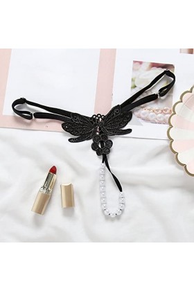 Culotte String en Satin pour Femme Womens Sexy Transparent Hot Brodé Perle Massage T Pantalon Ouvert Entrejambe String Culott