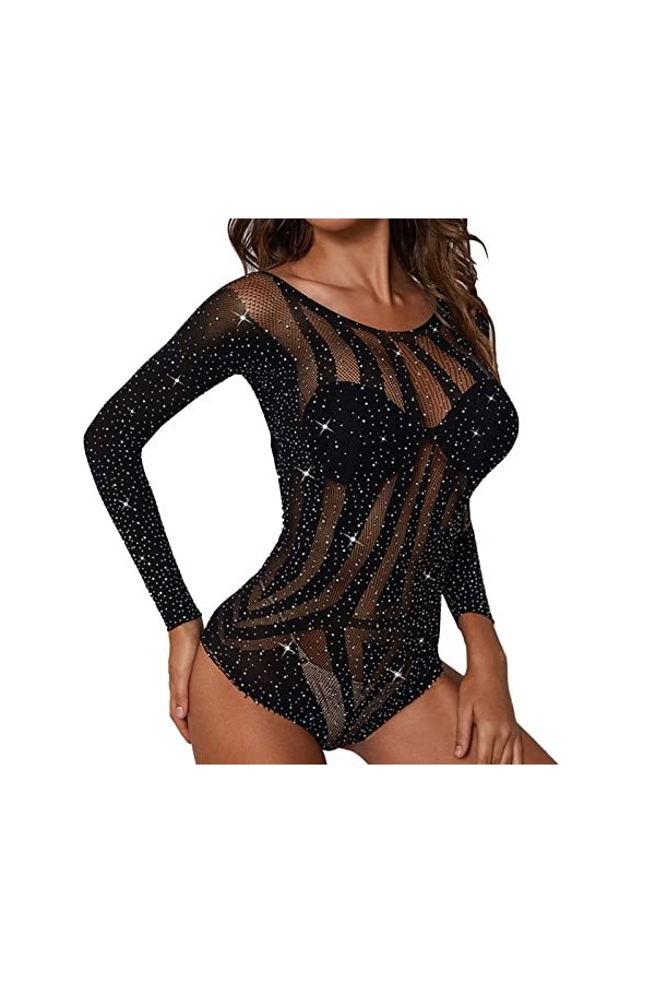TDEOK Robe en résille avec strass Bikini sexy en dentelle Sous-vêtements Une pièce Ensemble Femptation Net Vêtements Femme Li