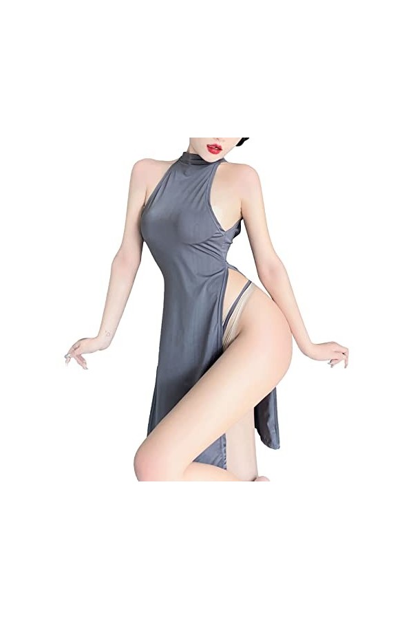 Lingerie sexy pour femme Cheongsam jupe longue fendue pyjama grande taille lingerie cosplay pour femme sexy deux pièces, gris