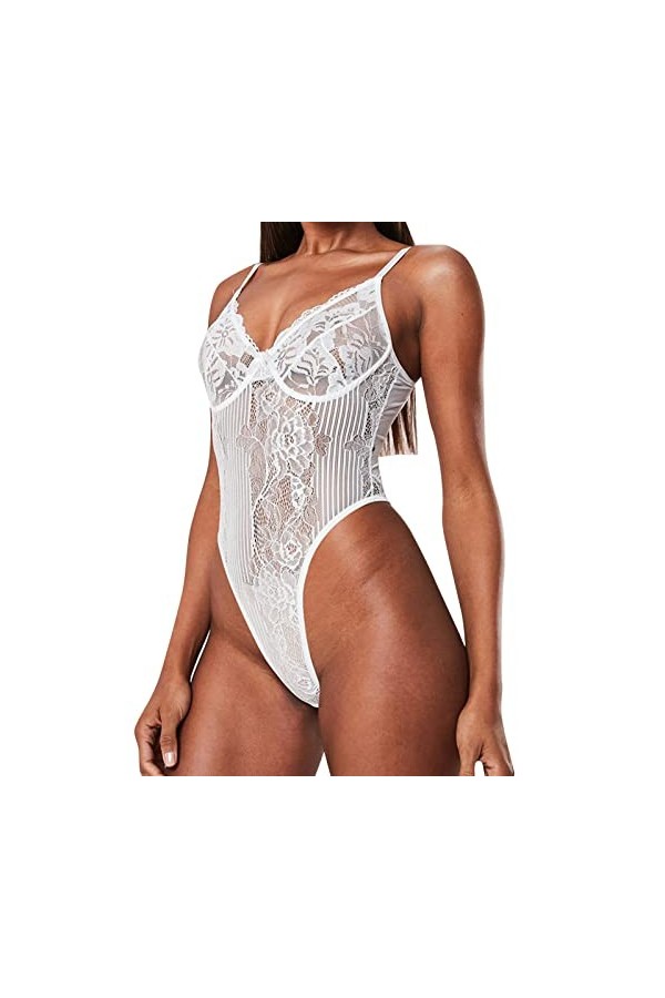Lingerie sexy en dentelle ajourée pour femme avec porte-jarretelles et bas, blanc, L