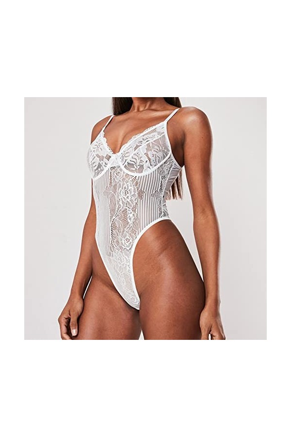 Lingerie sexy en dentelle ajourée pour femme avec porte-jarretelles et bas, blanc, L