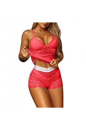 Lingerie sexy en dentelle pour femme - Vêtement de nuit en dentelle, Rouge, S