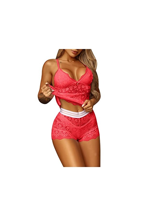 Ensemble de lingerie sexy en dentelle pour femme, Rouge, S