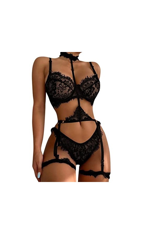 Ensemble de lingerie sexy en dentelle avec anneau en acier pour femme, Noir , XL