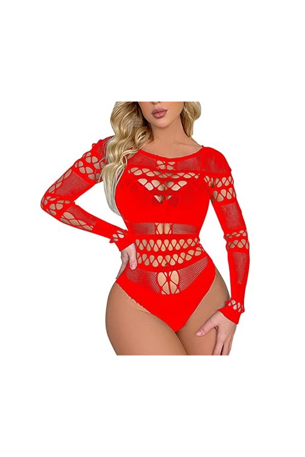 GilRu Lingerie pour femme à manches longues, rouge, taille unique