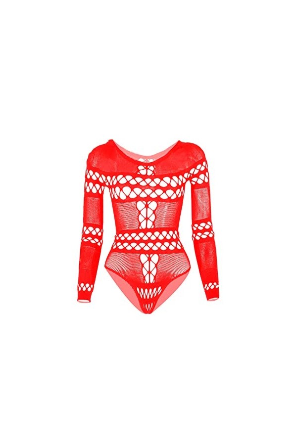 Tasse Sexy Femmes Lingerie Manches Longues Bodysuit Sexy Lingerie Lingerie En Peluche Body Avec Fente, rouge, taille unique