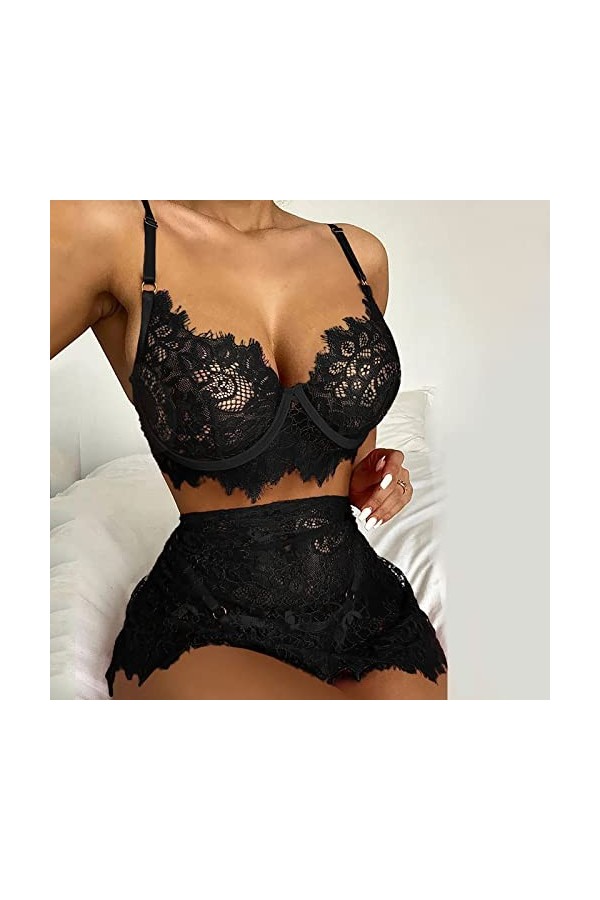 Ensemble de lingerie sexy 3 pièces en dentelle noire pour femme avec soutien-gorge sans fil et mini jupes, Noir , XL