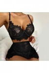 Ensemble de lingerie sexy 3 pièces en dentelle noire pour femme avec soutien-gorge sans fil et mini jupes, Noir , XL