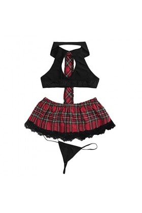 Ensemble de lingerie sexy pour femme - Haut et jupe à carreaux - Lingerie sexy en cuir pour femme, Noir , XL