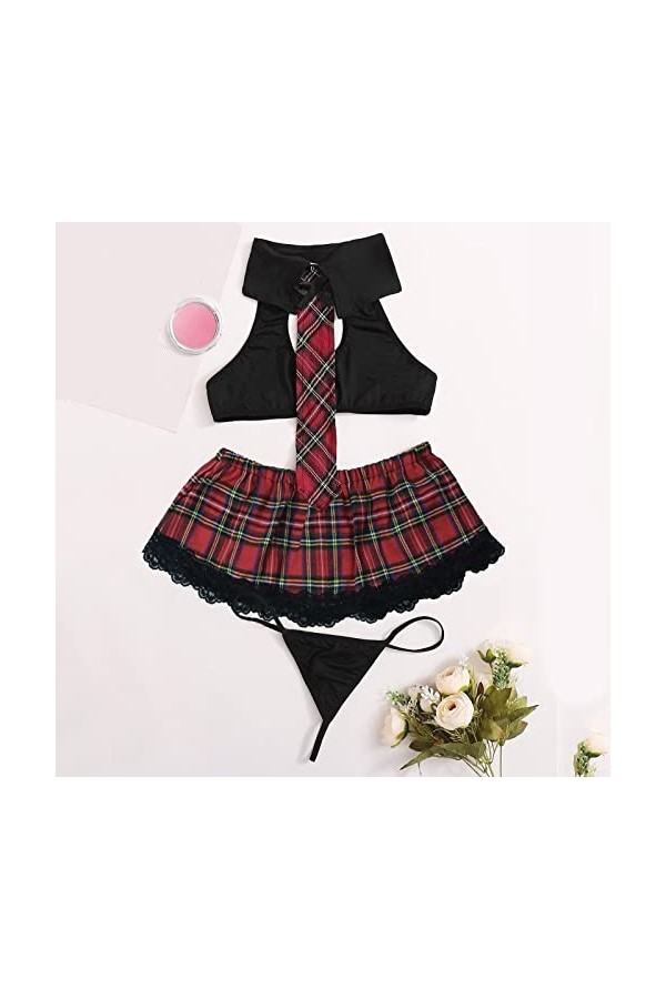 Ensemble de lingerie sexy pour femme - Haut et jupe à carreaux - Lingerie sexy en cuir pour femme, Noir , XL